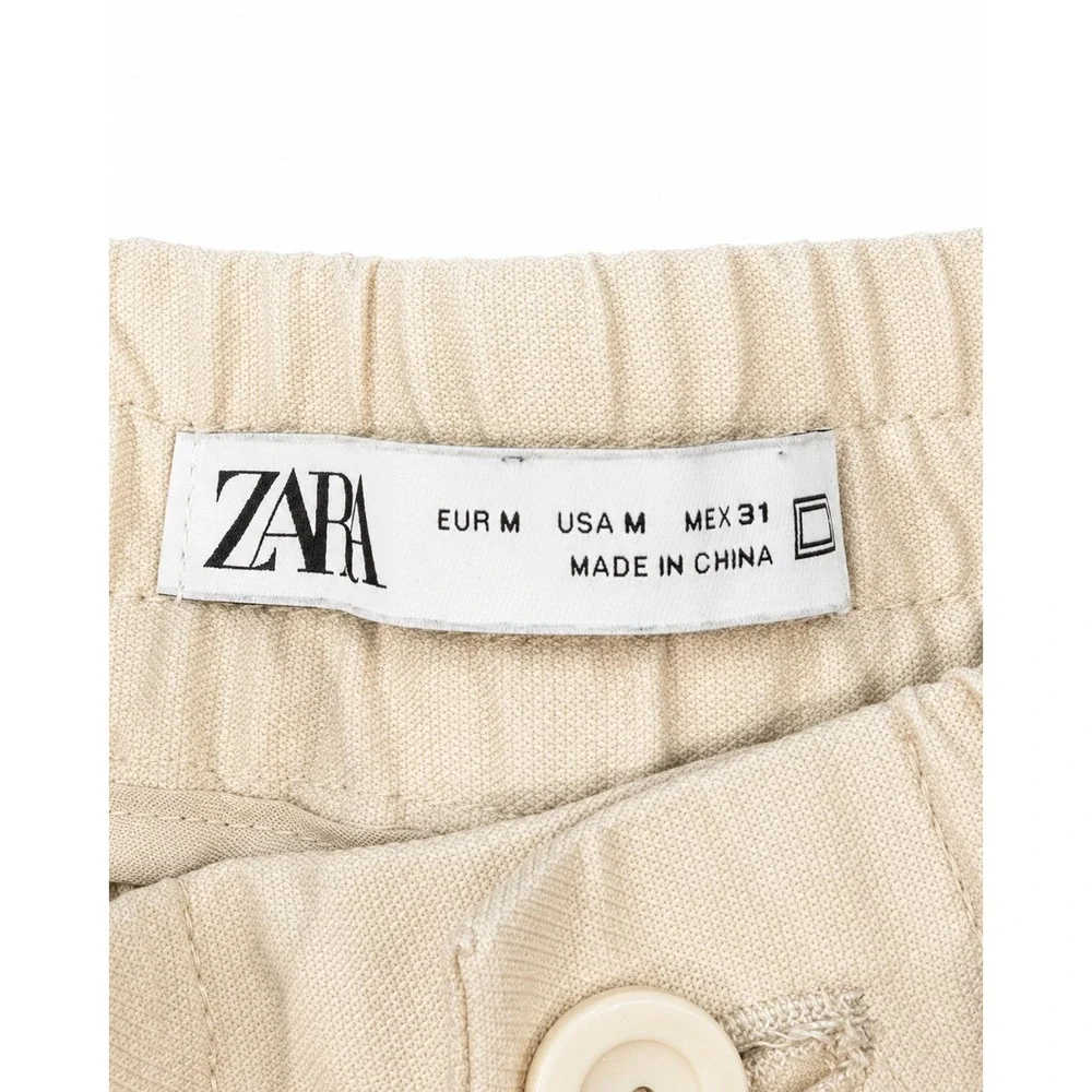 Zara Relaxed‎ Khaki Trouser Pants Womens Medium Beige Drawstring Waist Pants